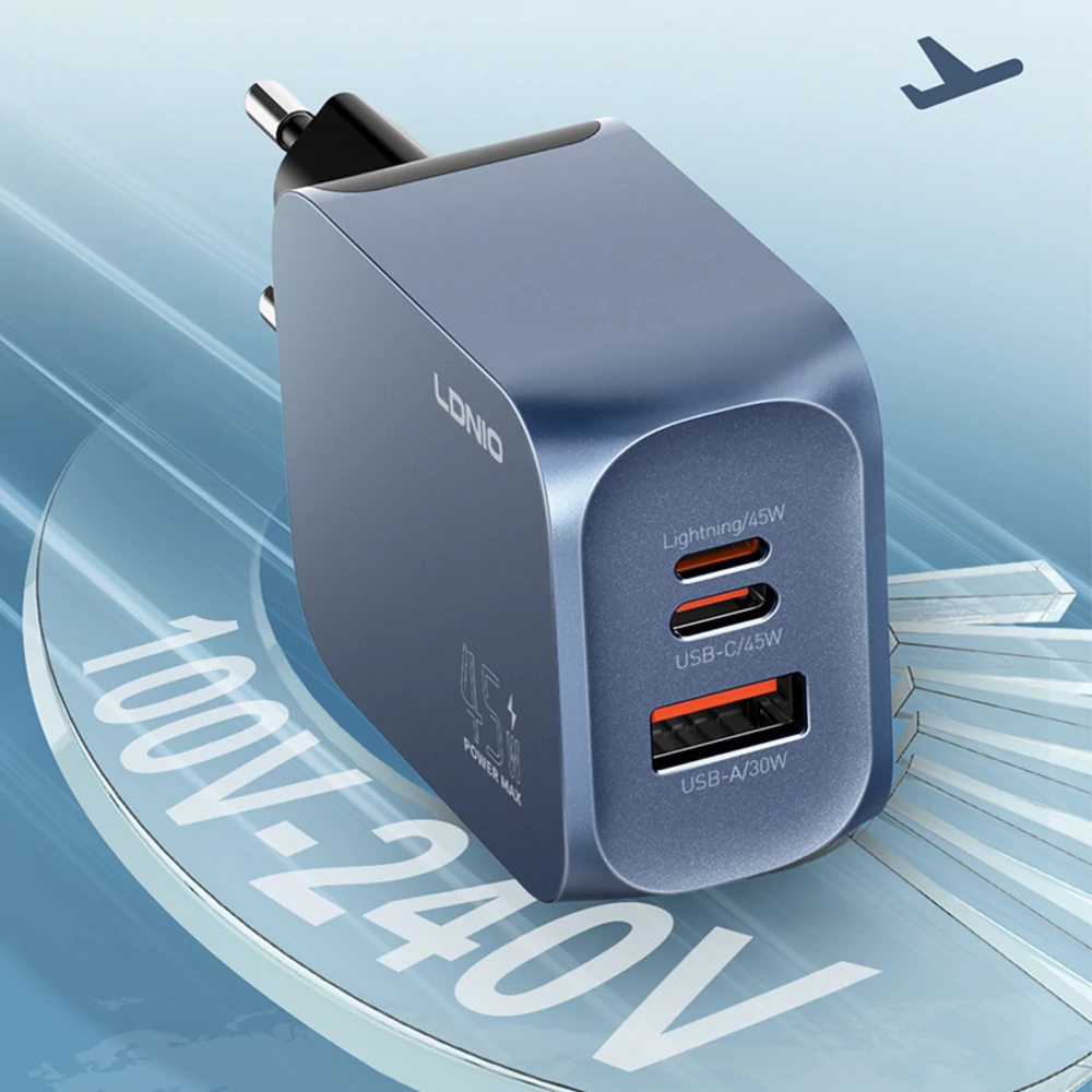 LDNIO Q6 GaN 45W EU csatlakozós hálózati töltő (kék) – Lightning és USB-C kétirányú töltés