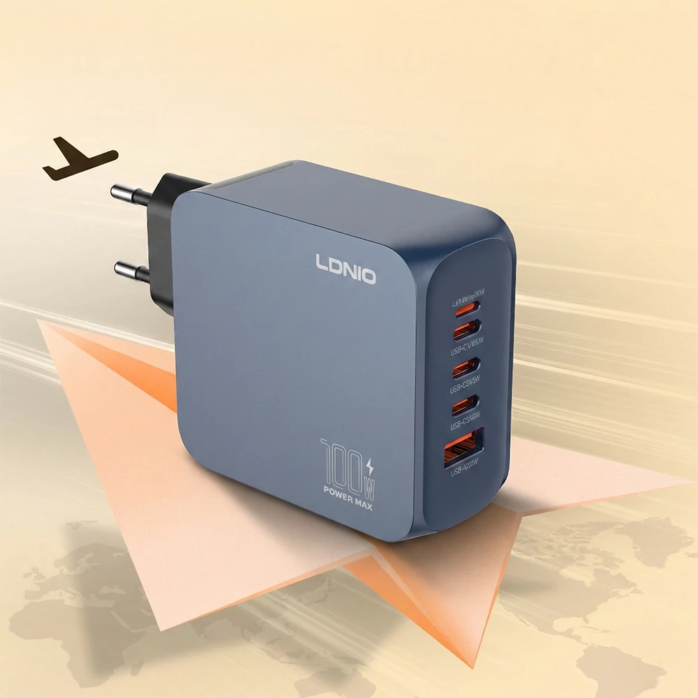 LDNIO Q8 GaN 100W 5 portos fali töltő, 3×USB-C + Lightning + USB-A, kék – Egy töltő több eszközhöz