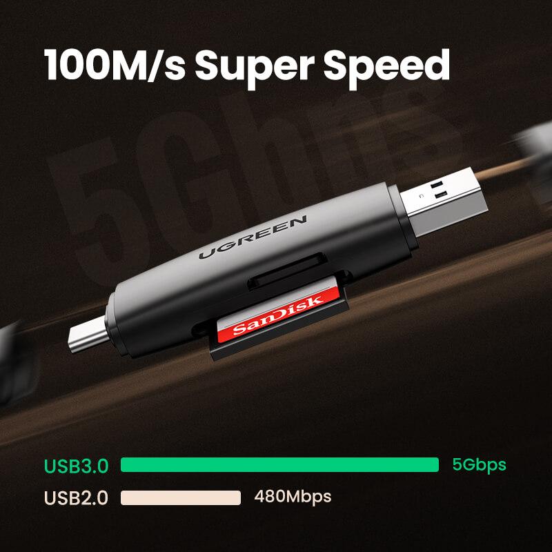 UGREEN 2 az 1-ben USB 3.0 és USB-C SD kártyaolvasó – Dupla kártyaolvasás