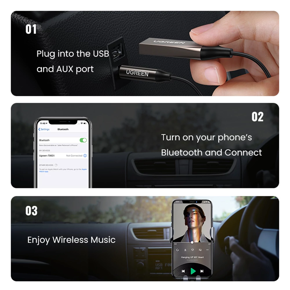 Ugreen Bluetooth AUX audio adapter, 10 m – Egyszerű, háromlépéses beüzemelés