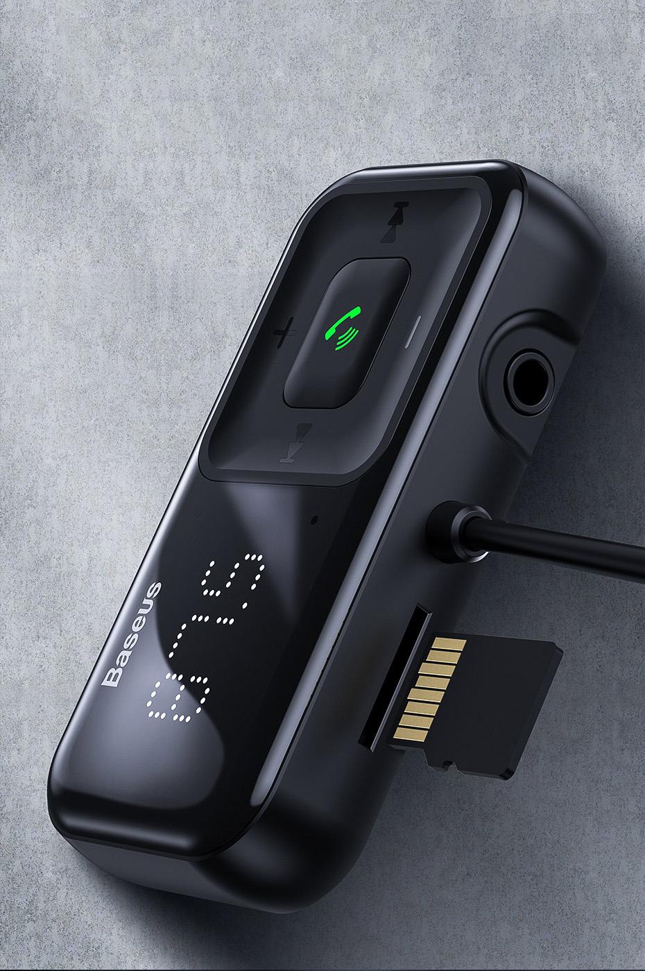 Baseus T típusú S-16 FM adó, AUX, Bluetooth 5.0, 2x USB, microSD, 3A (fekete)