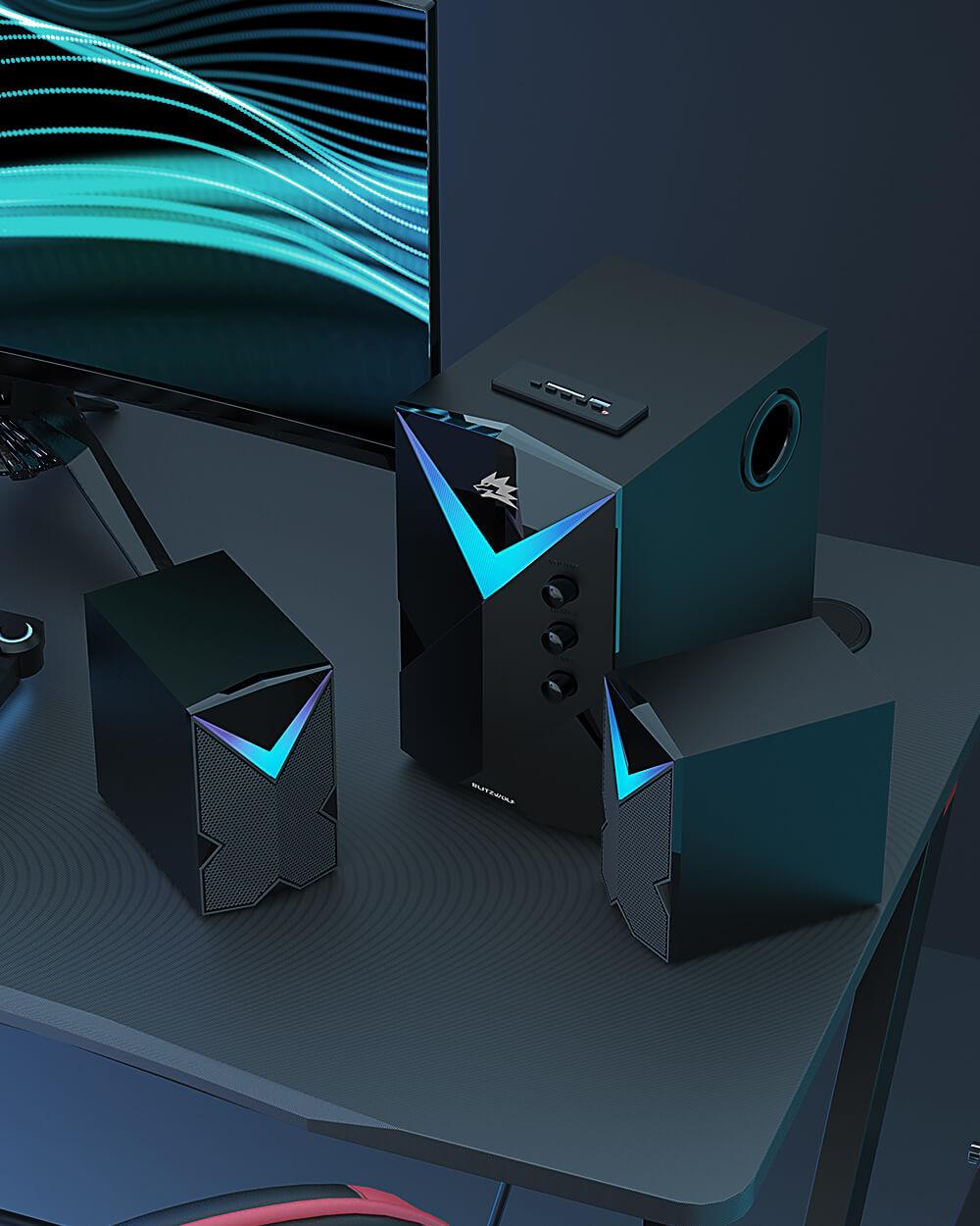 BlitzWolf® BW-GT2 hangrendszer monitor mellett a számítógép asztalon