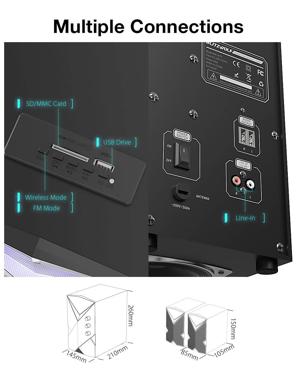 BlitzWolf® BW-GT2 hangrendszer hátulról, számos csatlakozási lehetőséggel