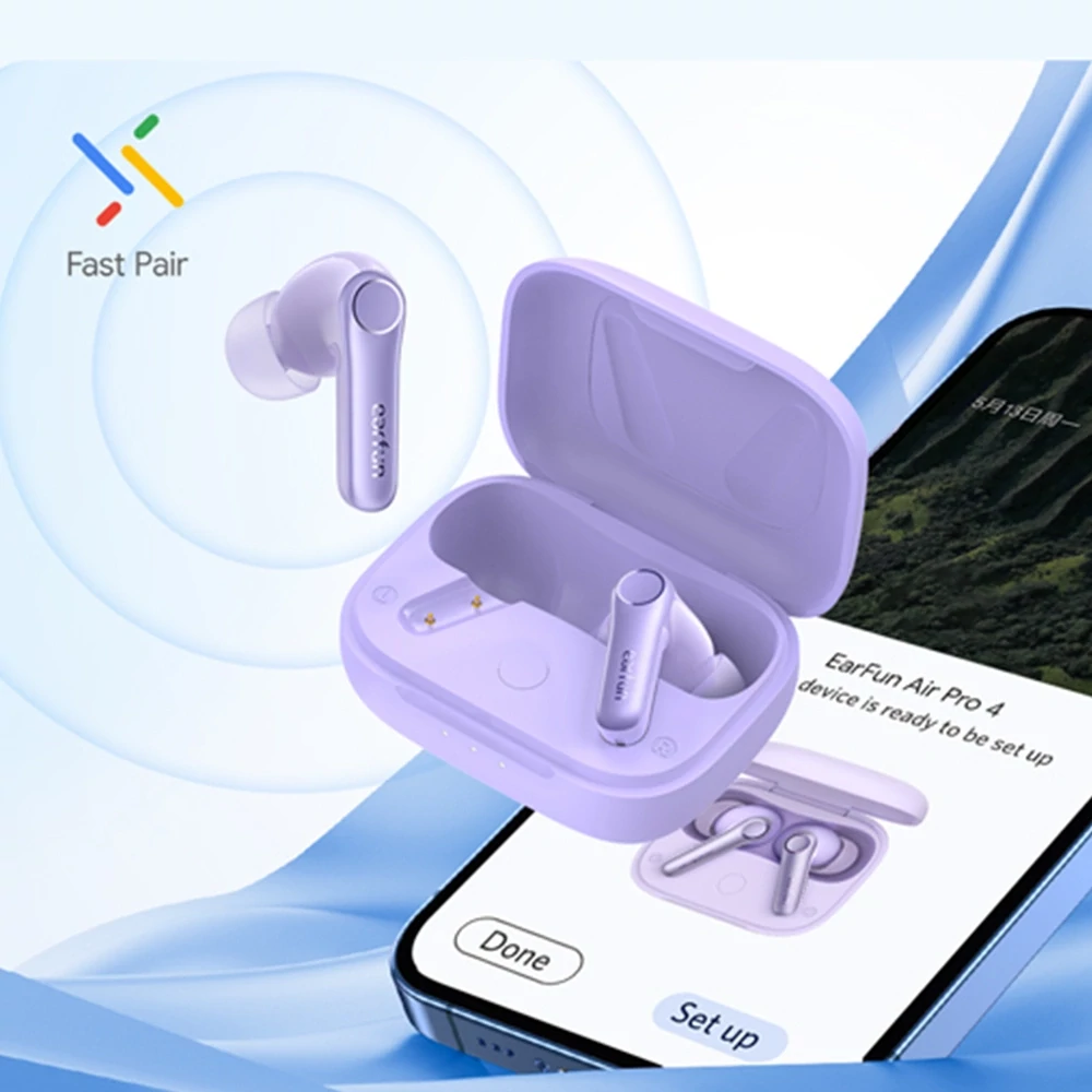EarFun Air Pro 4 teljesen vezeték nélküli fülhallgató zajszűréssel, 6 beépített mikrofonnal, 52 órás lejátszási idővel - Lila (TW600-V)