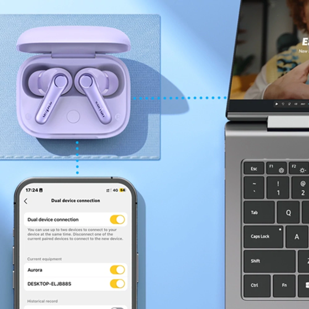 EarFun Air Pro 4 teljesen vezeték nélküli fülhallgató zajszűréssel, 6 beépített mikrofonnal, 52 órás lejátszási idővel - Lila (TW600-V)