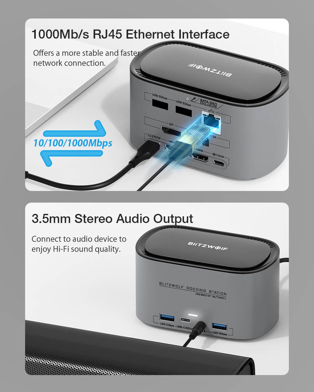 BlitzWolf® BW-TH12 14 az egyben dokkoló RJ45 Ethernet interfész és 3.5 mm-es sztereó audio kiemnet