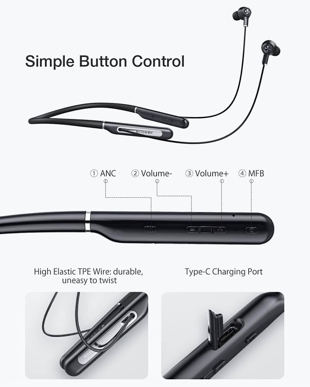 BlitzWolf® BW-ANC2 Bluetooth 5 fülhallgató gombvezérlés