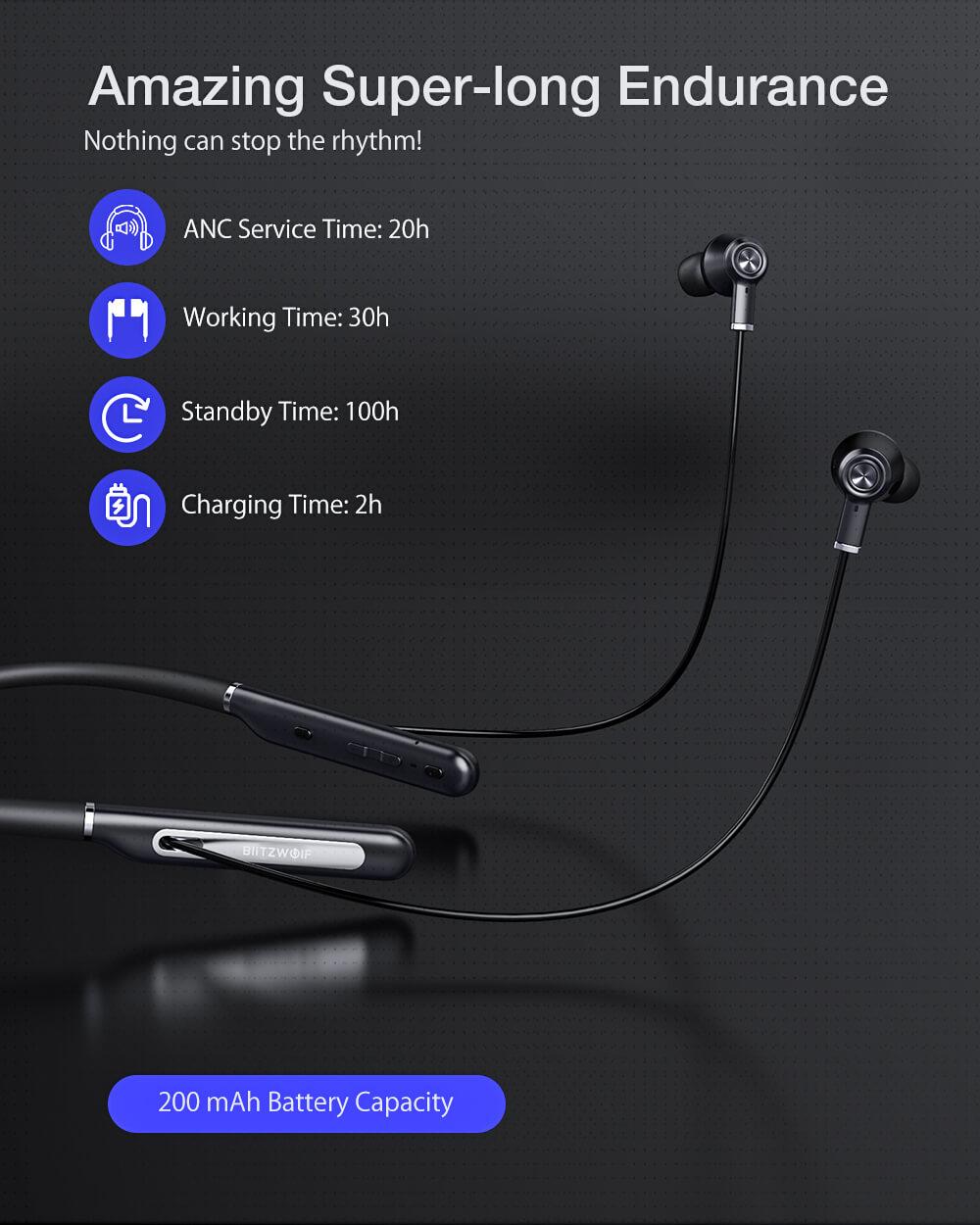 BlitzWolf® BW-ANC2 Bluetooth 5 fülhallgató 30 óra lejátszási idővel, 20 óra ANC idővel, 100 óra készenléti idővel és 2 órás töltéssel