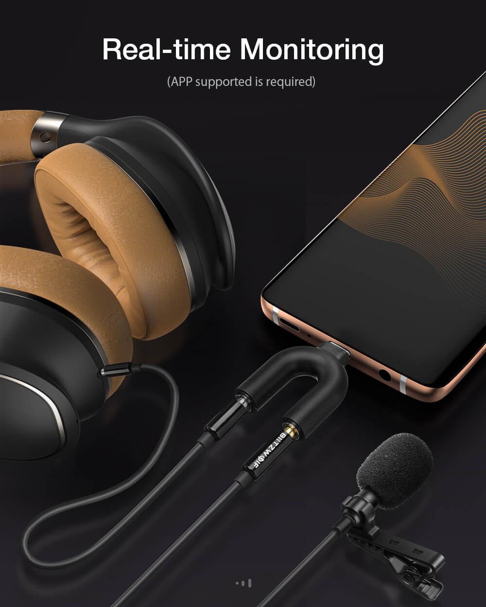 BlitzWolf® CM1 univerzális Lavalier csíptetős mikrofon fejhallgatókoz csatlakoztatva