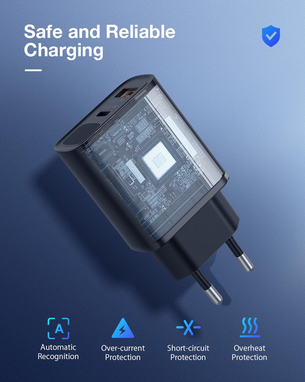 BlitzWolf® BW-S19: 20W-os töltő adapter dupla töltő porttal biztonságos töltés - rövidzárlat, túlhevülés, túltöltés elleni védelem