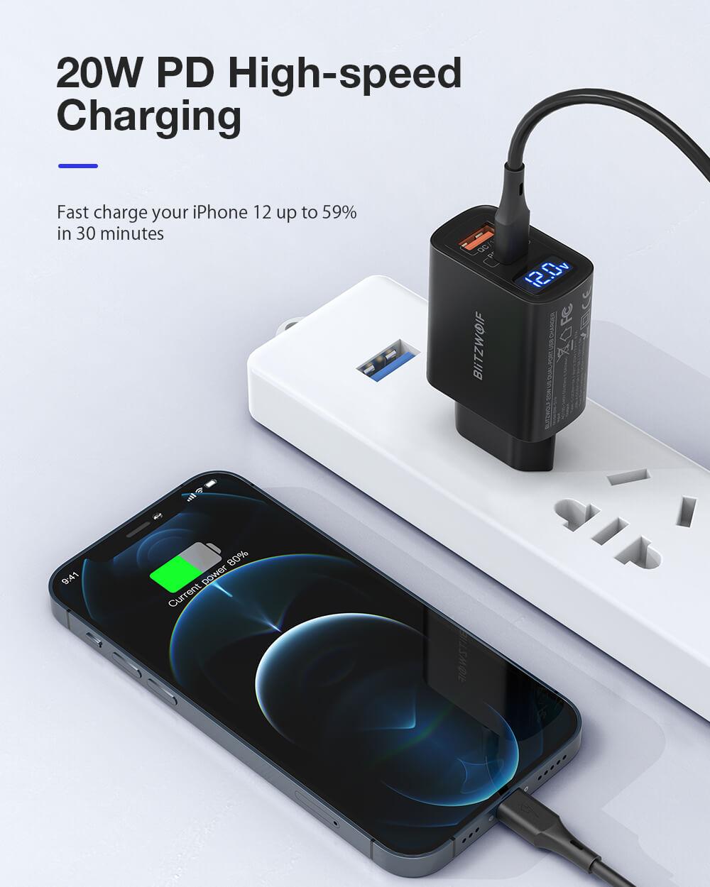 BlitzWolf® BW-S19: 20W-os töltő adapter dupla töltő porttal feszültség kijelzés