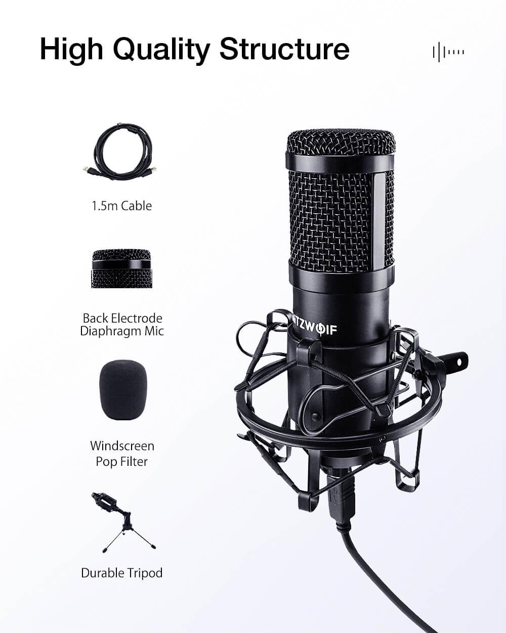 BlitzWolf® BW-CM USB kondenzátor mikrofon pop filter, 1.5 méter kábel