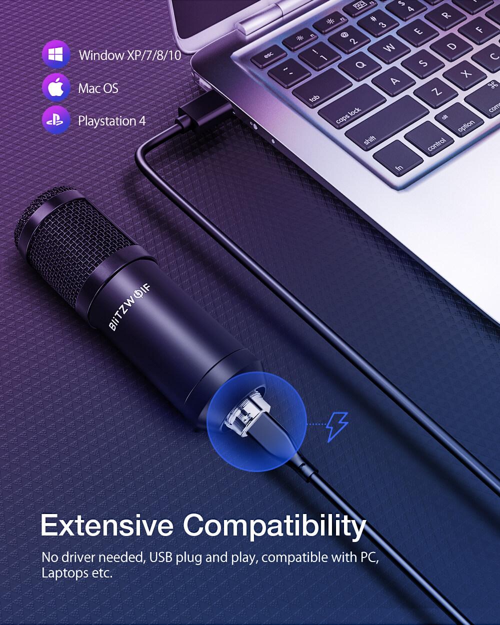 BlitzWolf® BW-CM USB kondenzátor mikrofon univerzális kompatibilitás, Windows és Mac rendszerekkel egyaránt, USB Plug&Play