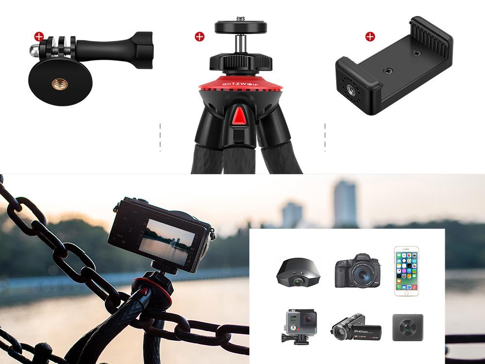 BlitzWolf® BW-BS7 flexibilis vízálló tripod bluetooth távirányítóval hajlítható, rögzítő elemek