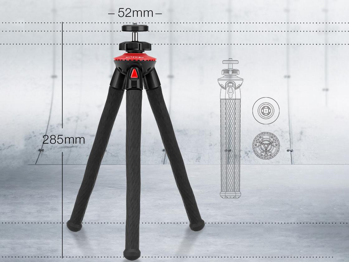 BlitzWolf® BW-BS7 flexibilis vízálló tripod bluetooth távirányítóval hajlítható, méretek
