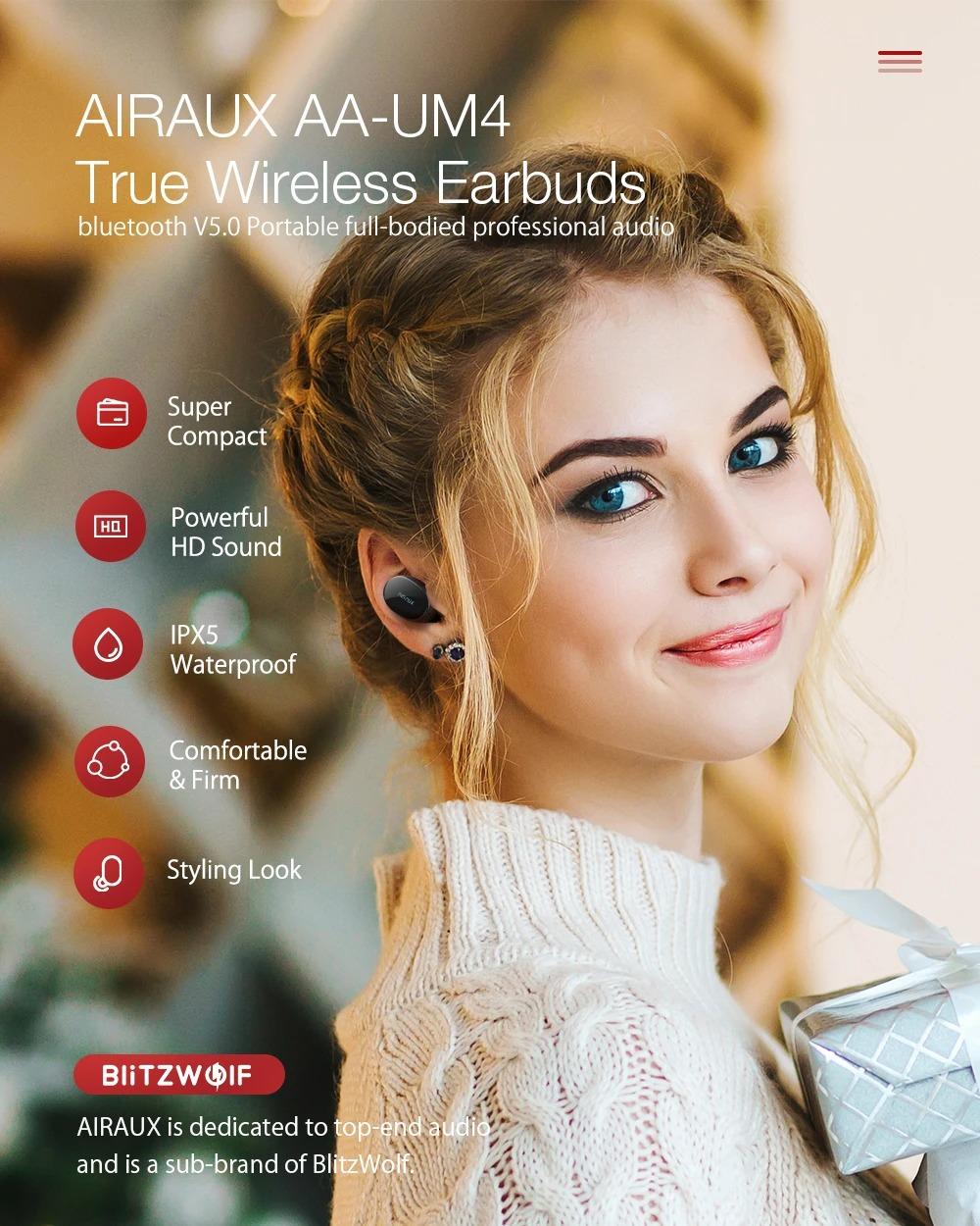 BlitzWolf® AirAux AA-UM4: TWS dynamic hifi mini fülhallgató (IPX5)