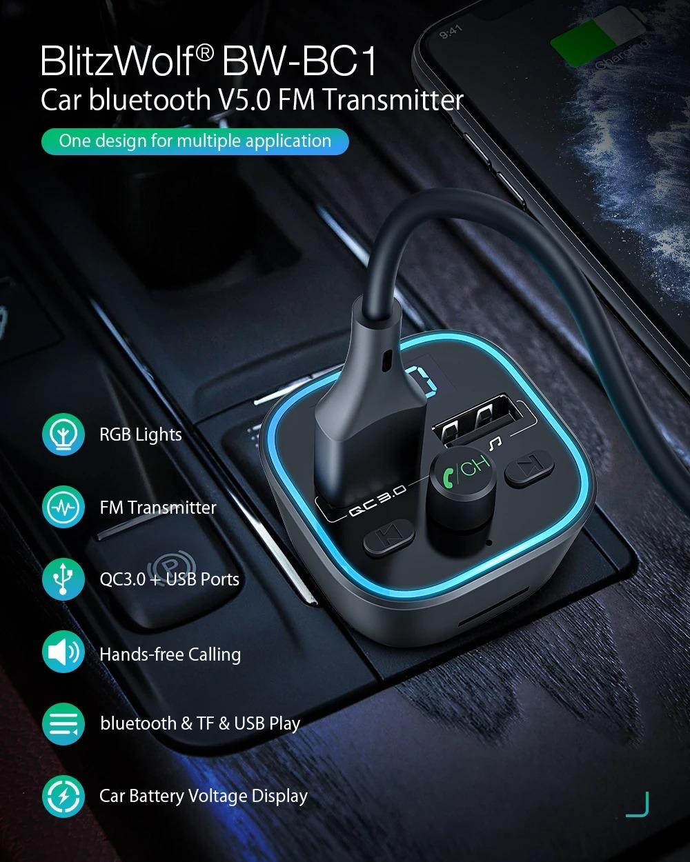 BlitzWolf® BW-BC1: USB szivargyújtóba dugható autós töltő és FM transzmitter