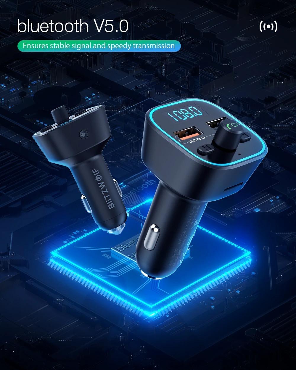 BlitzWolf® BW-BC1: USB szivargyújtóba dugható autós töltő és FM transzmitter