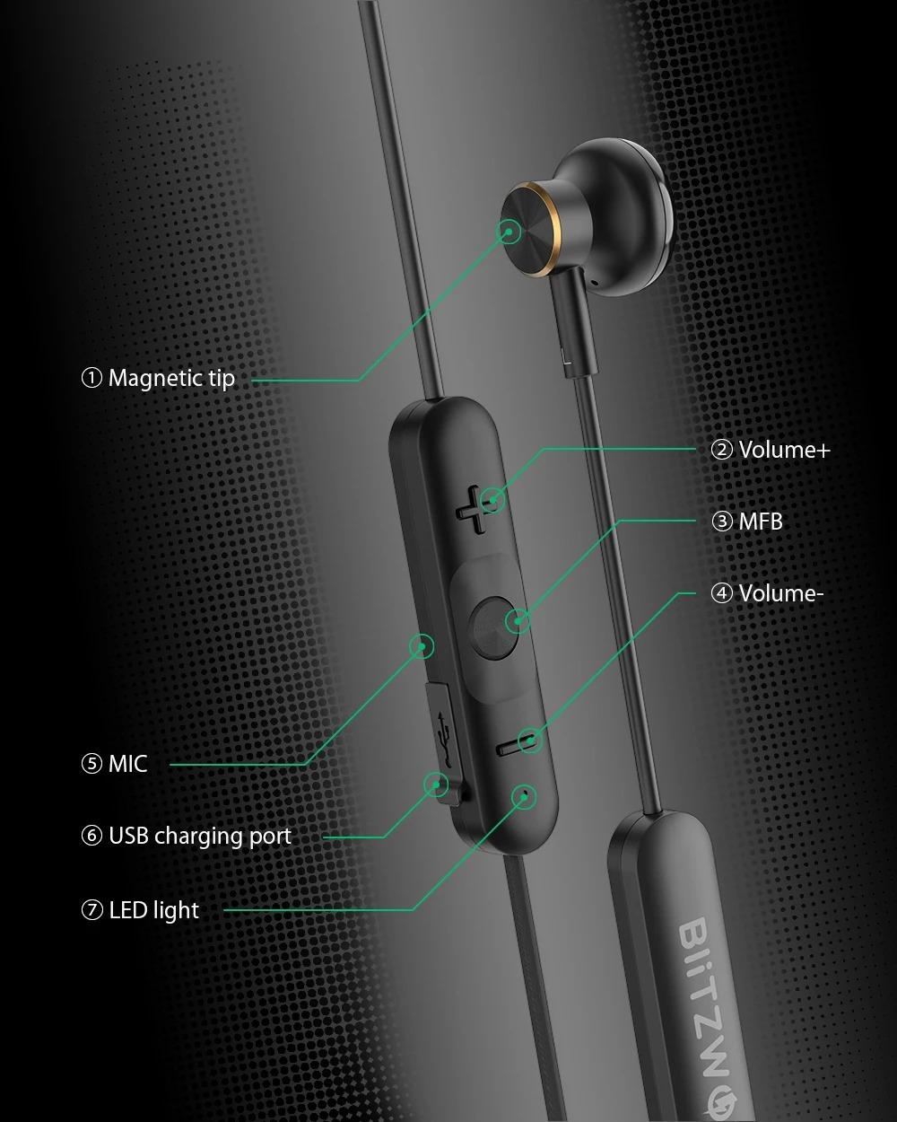 BlitzWolf® BW-BTS5: mágneses vezeték nélküli fülhallgató (IPX5)
