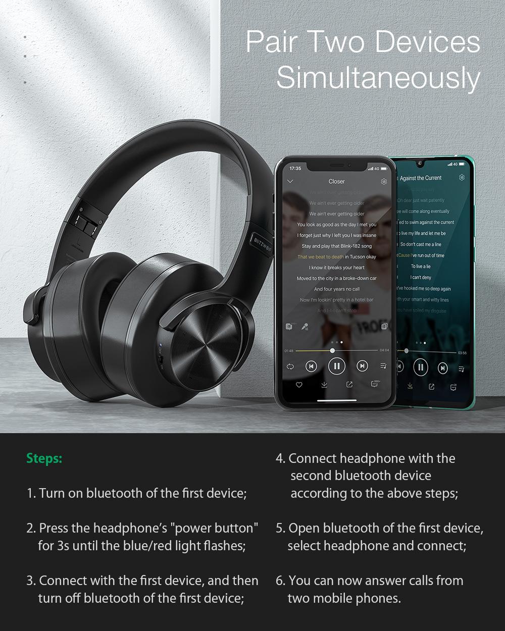 BlitzWolf® BW-HP2: vezeték nélküli Bluetooth fejhallgató beépített mikrofonnal