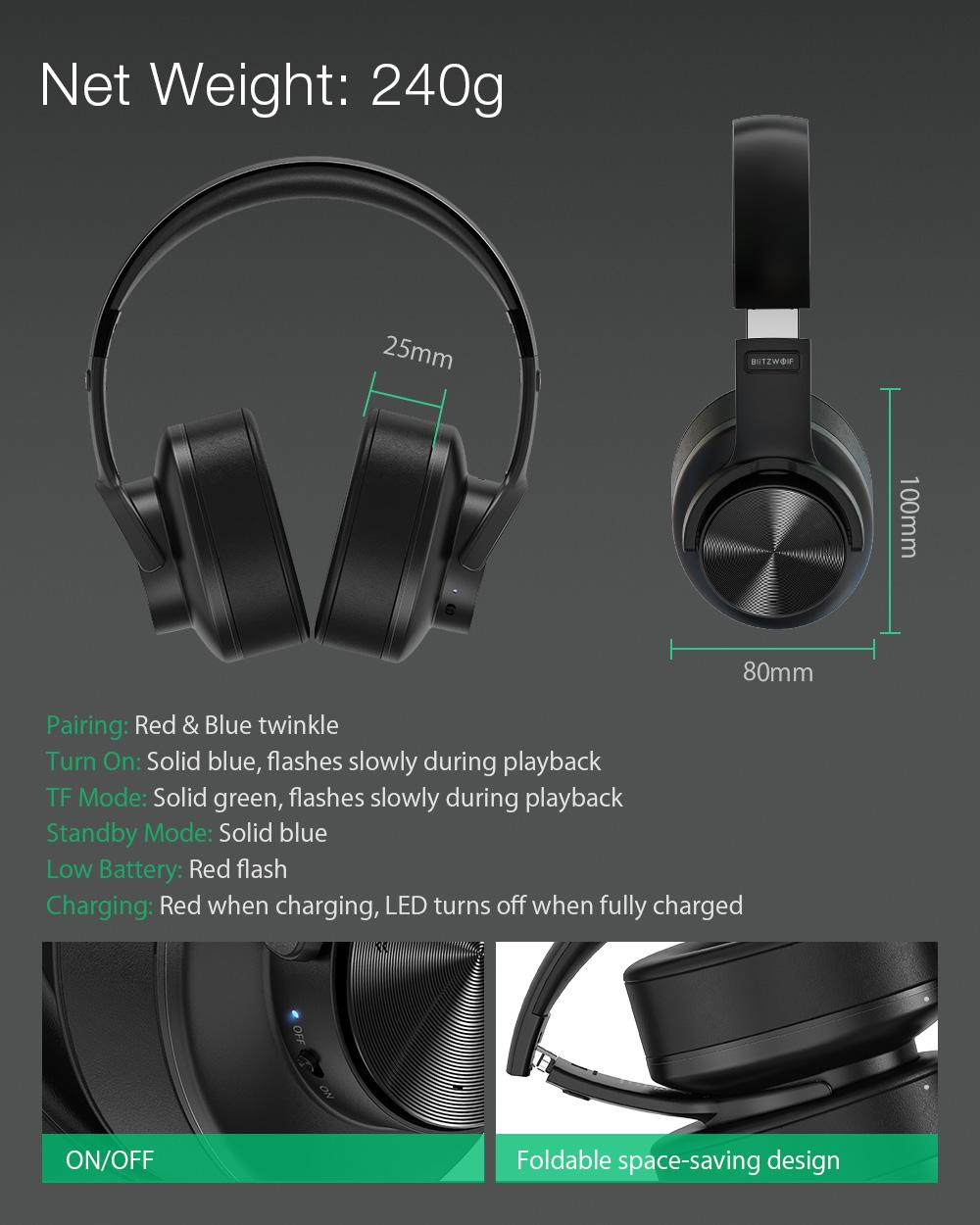 BlitzWolf® BW-HP2: vezeték nélküli Bluetooth fejhallgató beépített mikrofonnal
