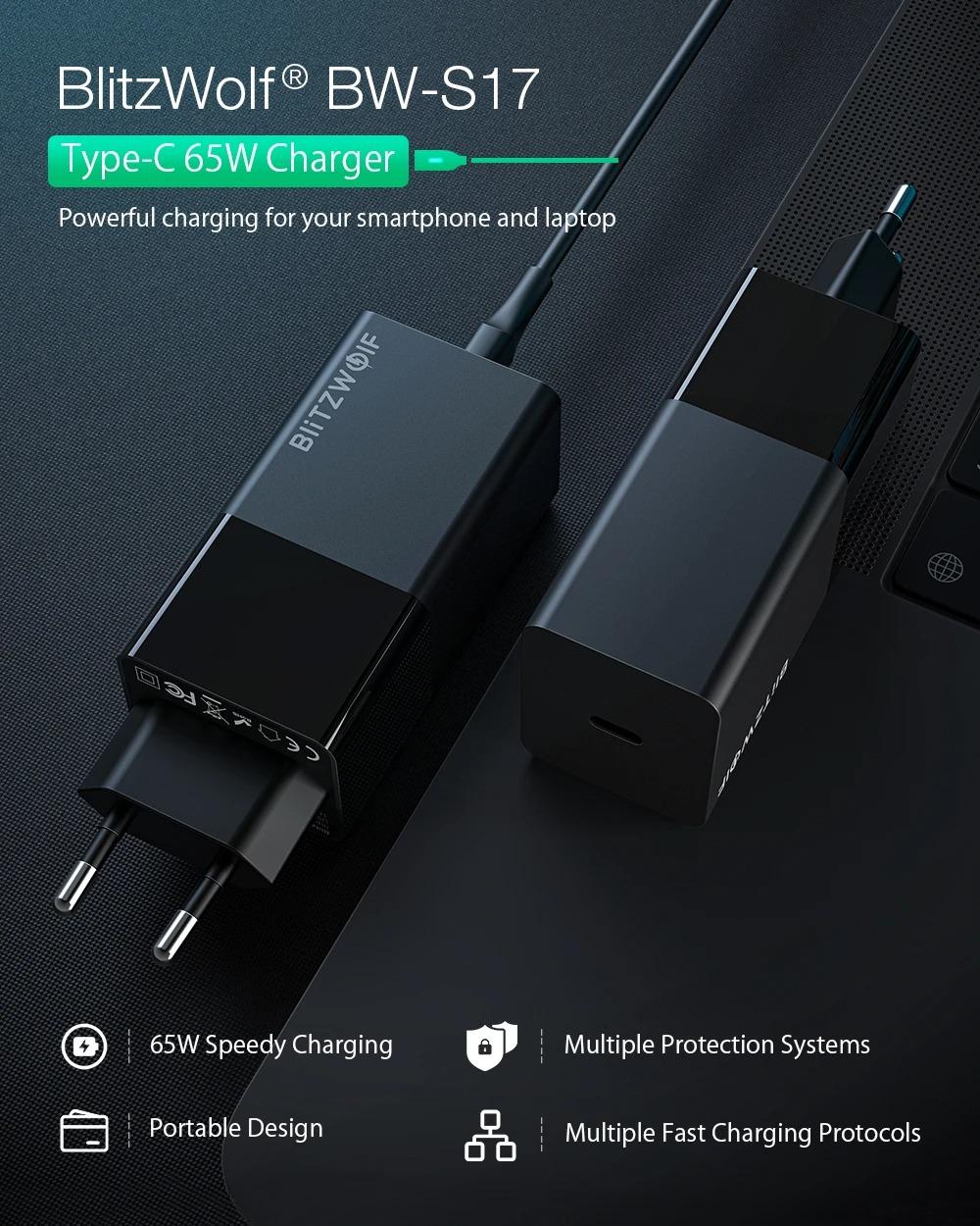 BlitzWolf® BW-S17: 65W-os gyorstöltő adapter Type-C porttal