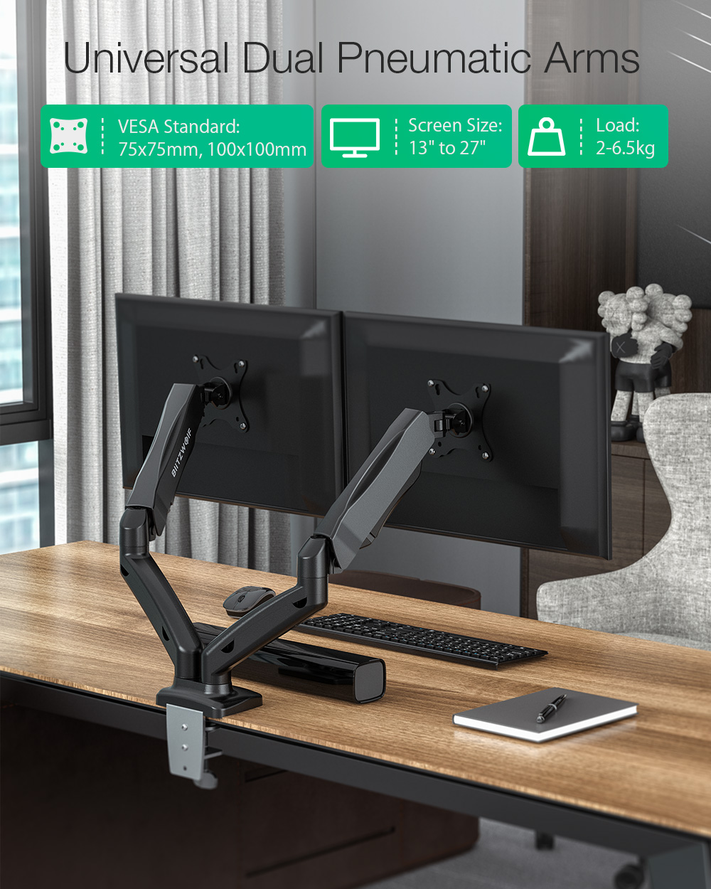 BlitzWolf® BW-MS3: Dual Monitor állvány asztalra pneumatikus karral