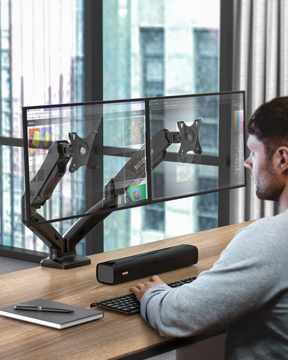 BlitzWolf® BW-MS3: Dual Monitor állvány asztalra pneumatikus karral