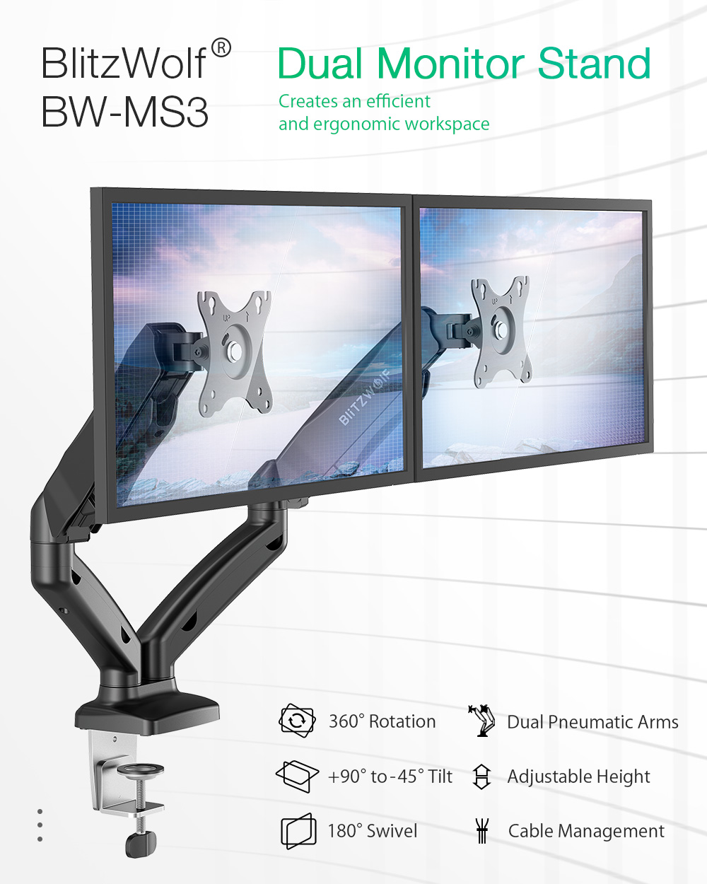 BlitzWolf® BW-MS3: Dual Monitor állvány asztalra pneumatikus karral