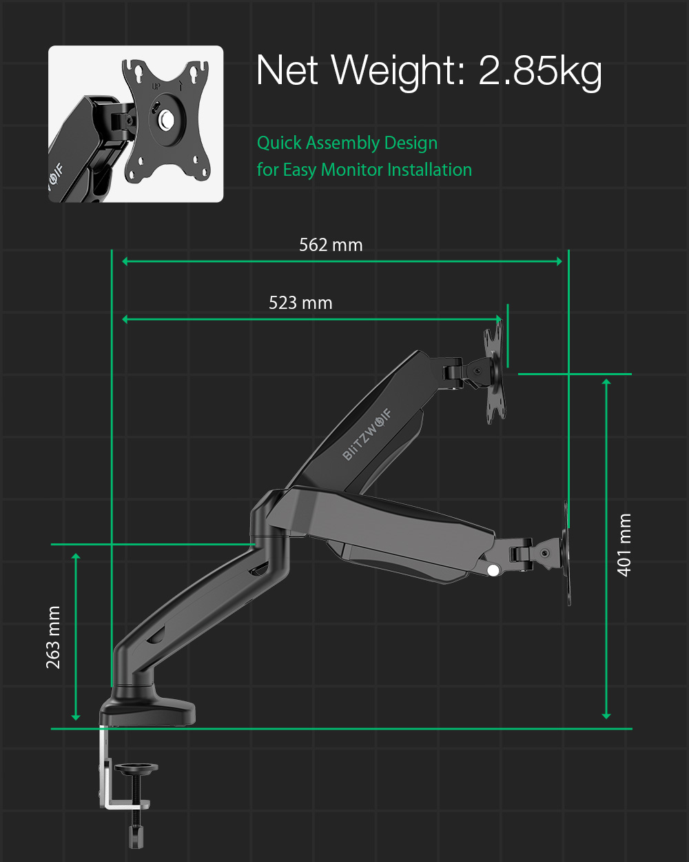 BlitzWolf® BW-MS3: Dual Monitor állvány asztalra pneumatikus karral